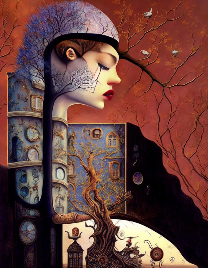 Woman's Head with Architectural Elements, Tree, Gears, Birds, and Red Autumnal Background