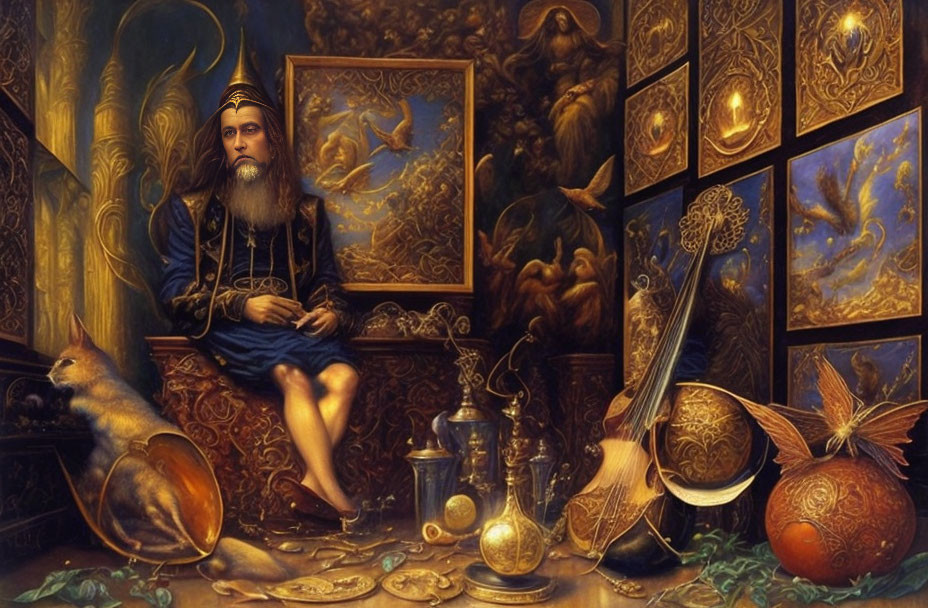 Elderly man in regal attire surrounded by ornate objects and a sleeping cat