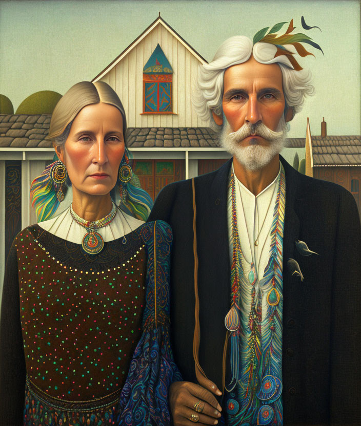 Elderly couple in folk attire with rural house backdrop