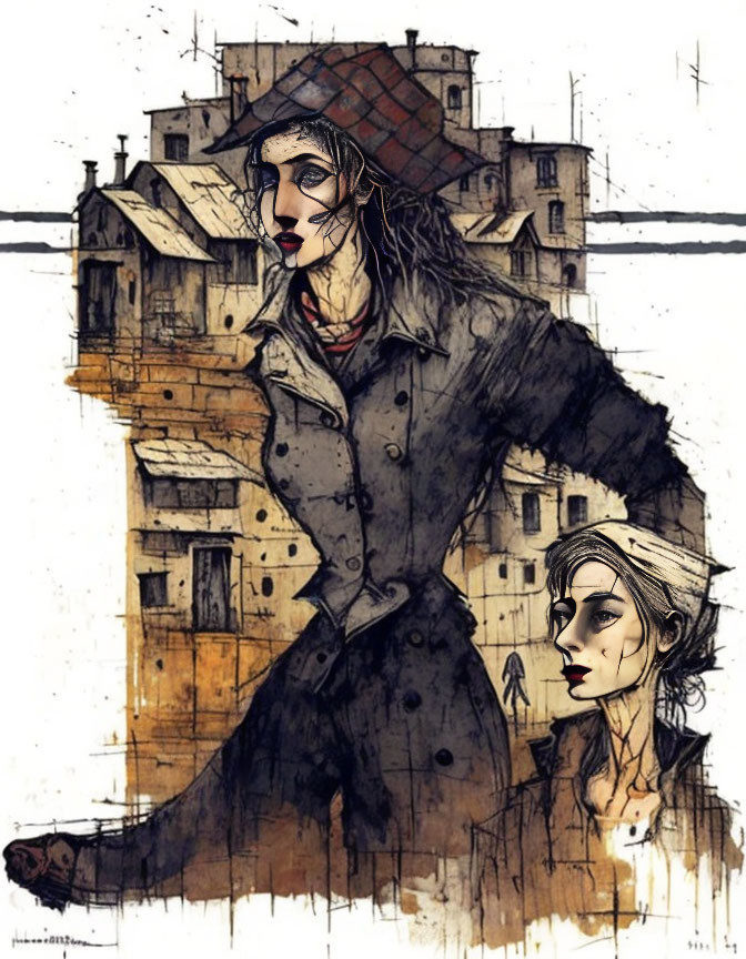 Stylish woman merged with urban backdrop in sepia tones