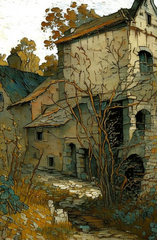 Rustic autumn village with leafless trees and old stone buildings