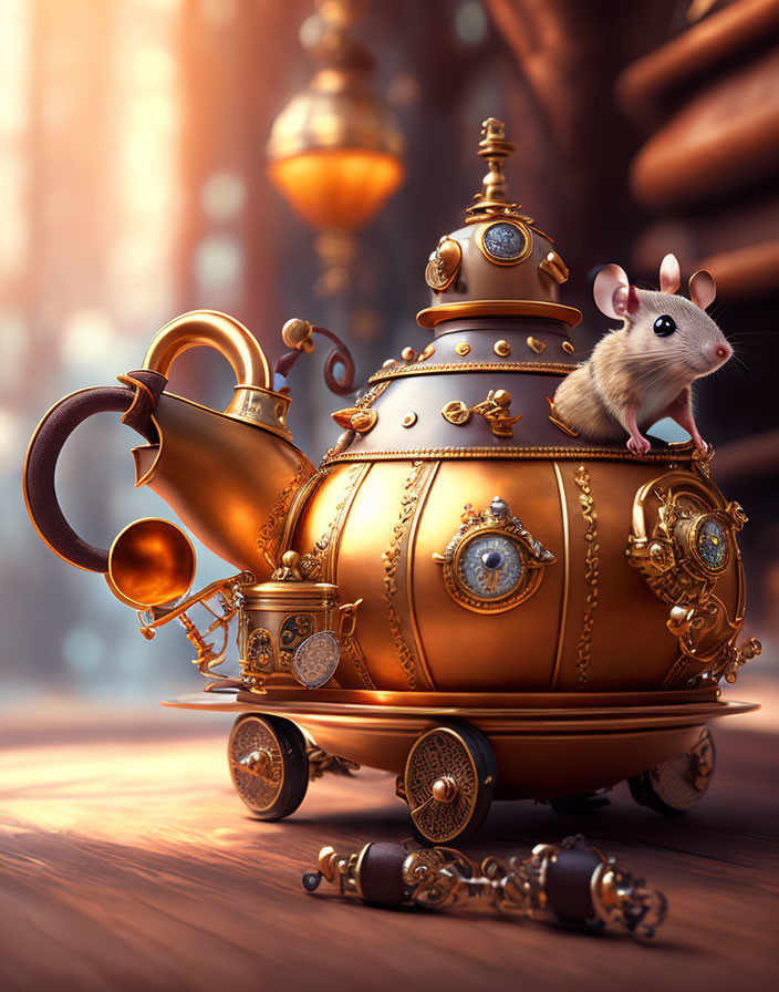 Steampunk-themed teapot with mouse on warm bokeh background