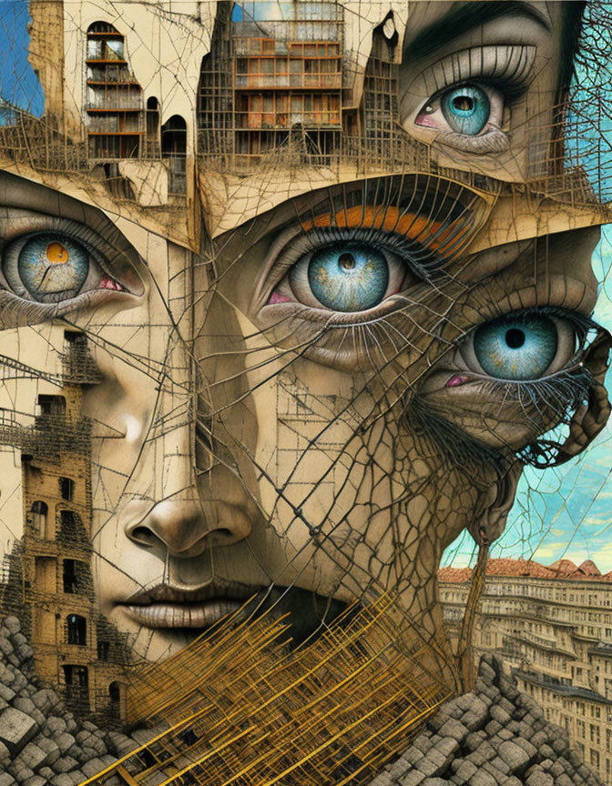 Surreal artwork: Face with multiple eyes on urban background