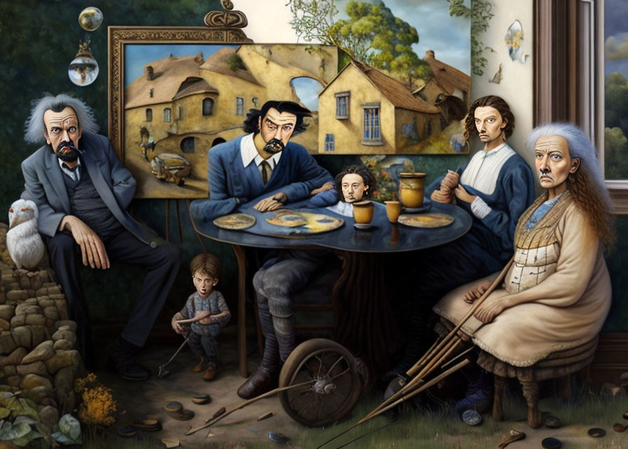 Surreal painting merges indoor and outdoor scenes with people in 19th-century attire