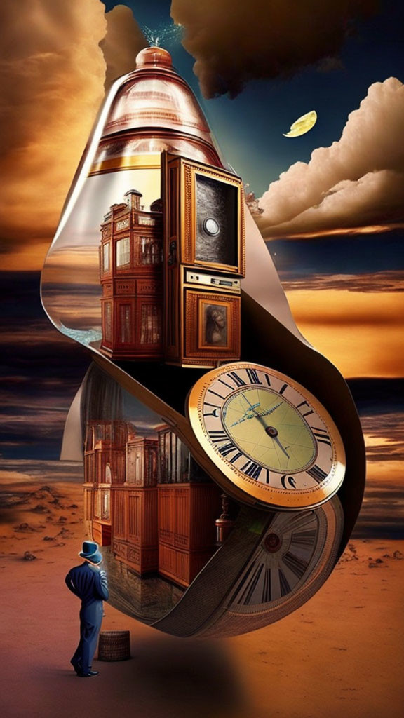 Surrealistic artwork with twisted ribbon structure, vintage clock, bookcase, and phonograph in