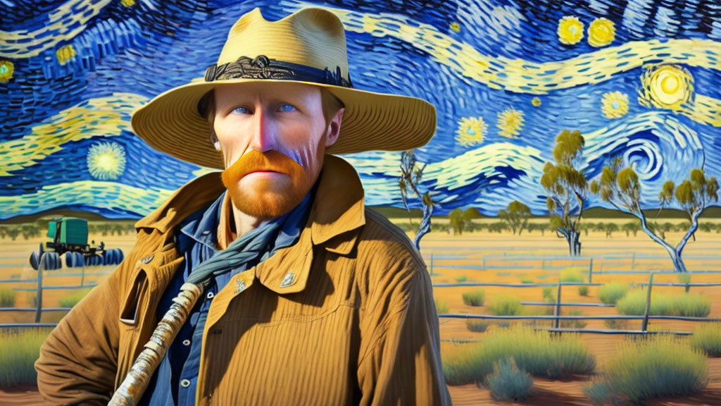 Man in Cowboy Hat Stands in Van Gogh-Inspired Outback Scene