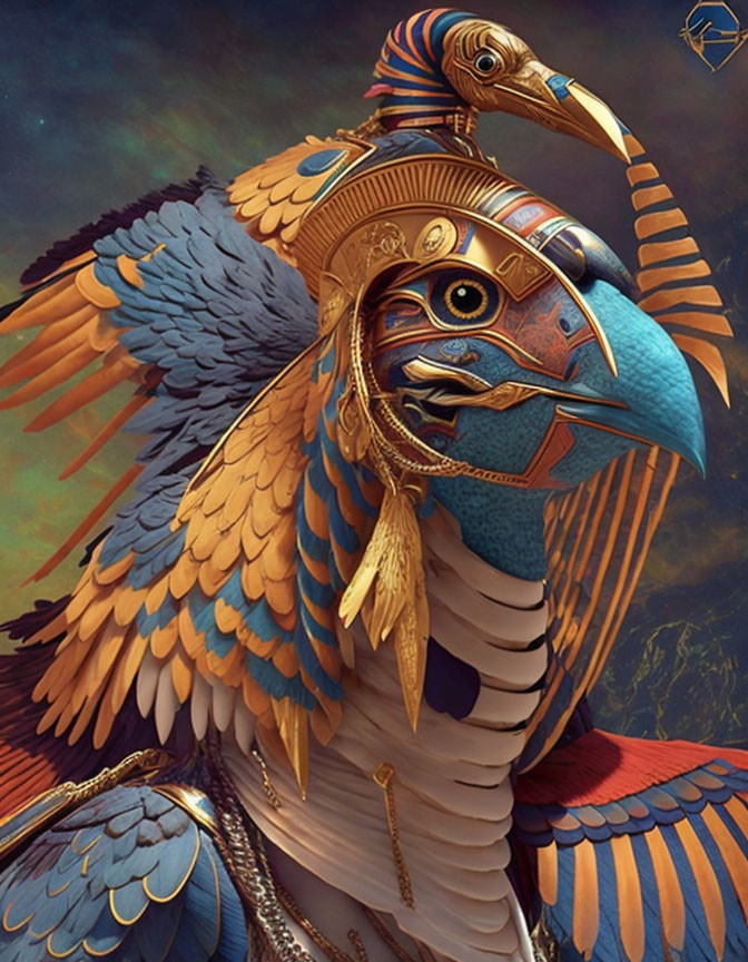 Anthropomorphic bird illustration with Egyptian-themed adornments