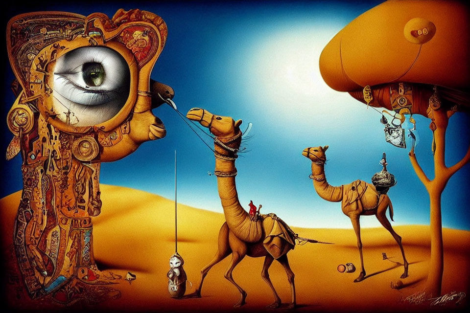 Surreal artwork: giant eye, ornate machinery, desert caravan, floating island.