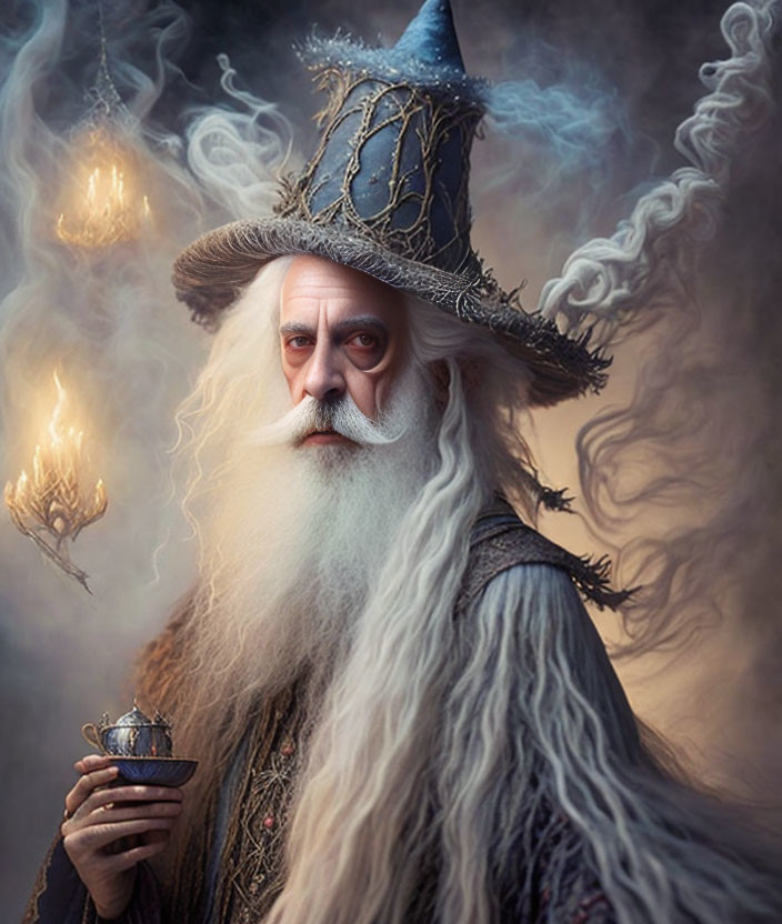 Elderly wizard with white beard, blue hat, robes, staff, chalice in mystical smoke