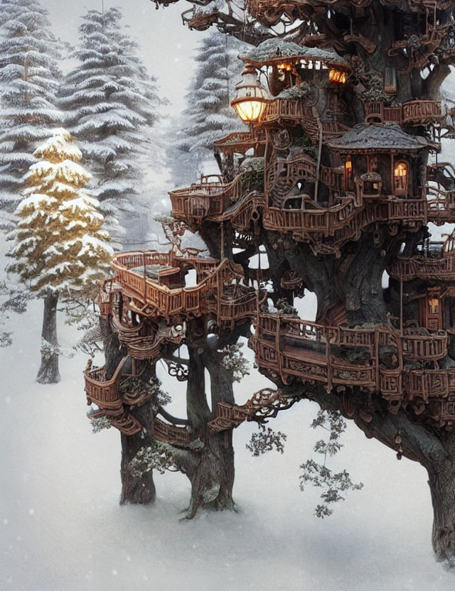 Snowy Forest Treehouse with Multiple Levels and Glowing Lanterns