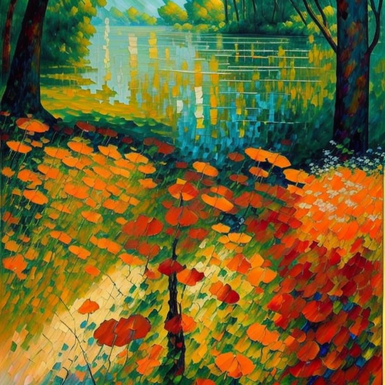 Vibrant lakeside painting with red-orange foliage and water reflections