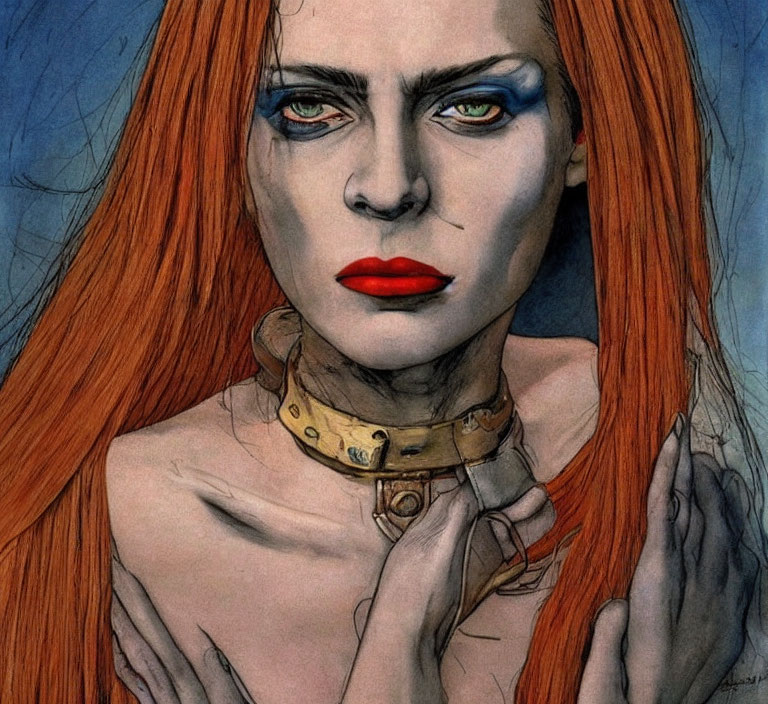 Illustration of woman with red hair, blue eyeshadow, red lipstick, intense gaze, blue