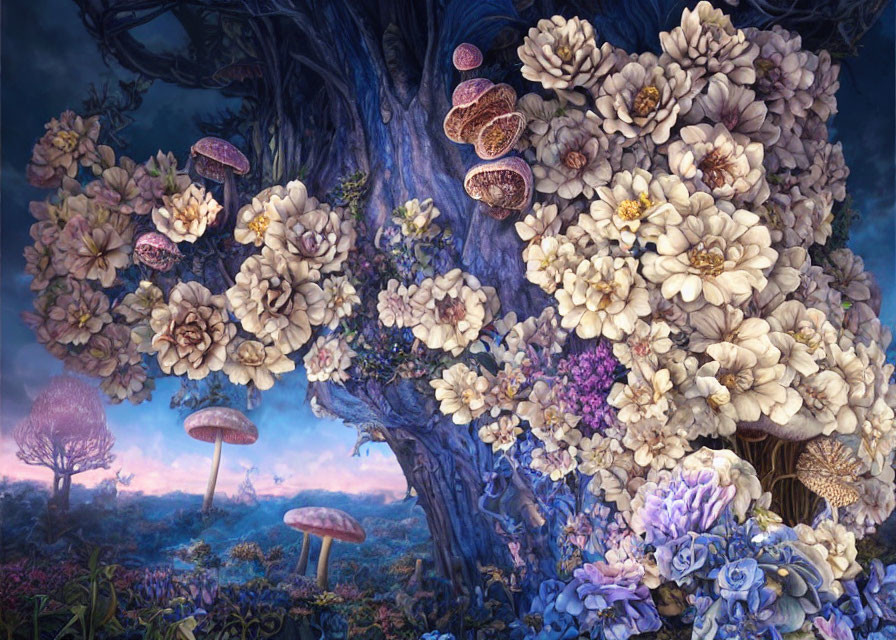 Colorful surreal landscape with large tree, blossoms, and mushrooms at dusk