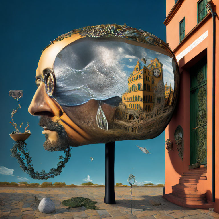 Surreal artwork: Human head with cityscape inside, next to building under blue sky.