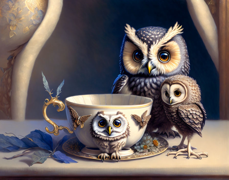 Detailed Illustration of Three Owls: One in Teacup, Two Outside