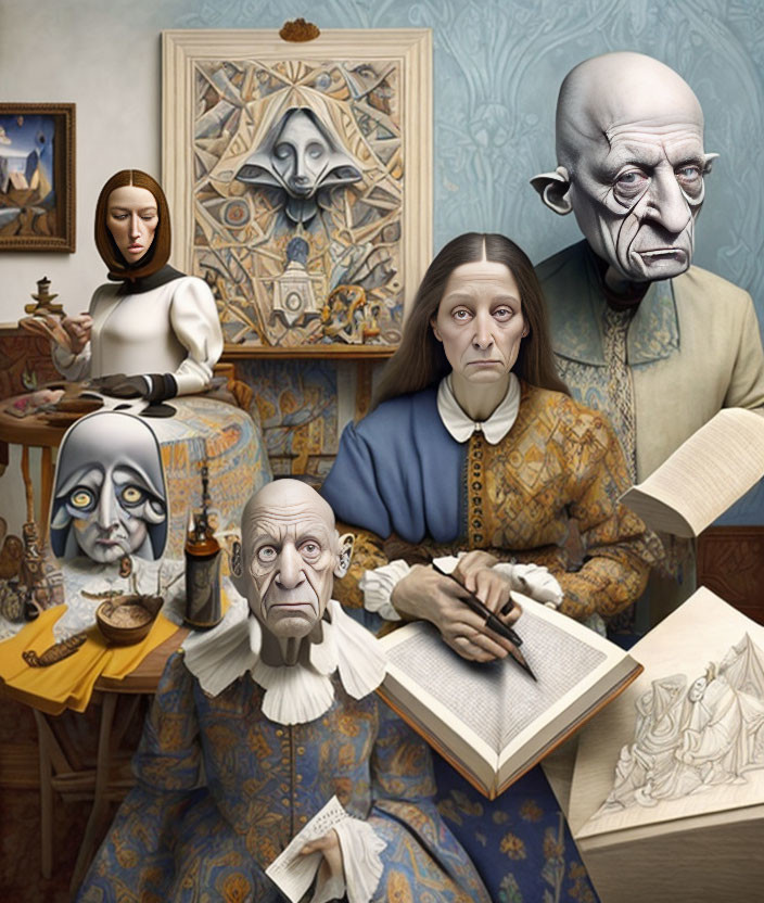 Exaggerated facial features in surreal portrait with classical elements