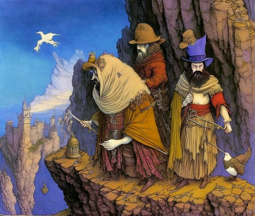 Fantasy scene: Three wizards with staffs, doves, and dragon on cliff.