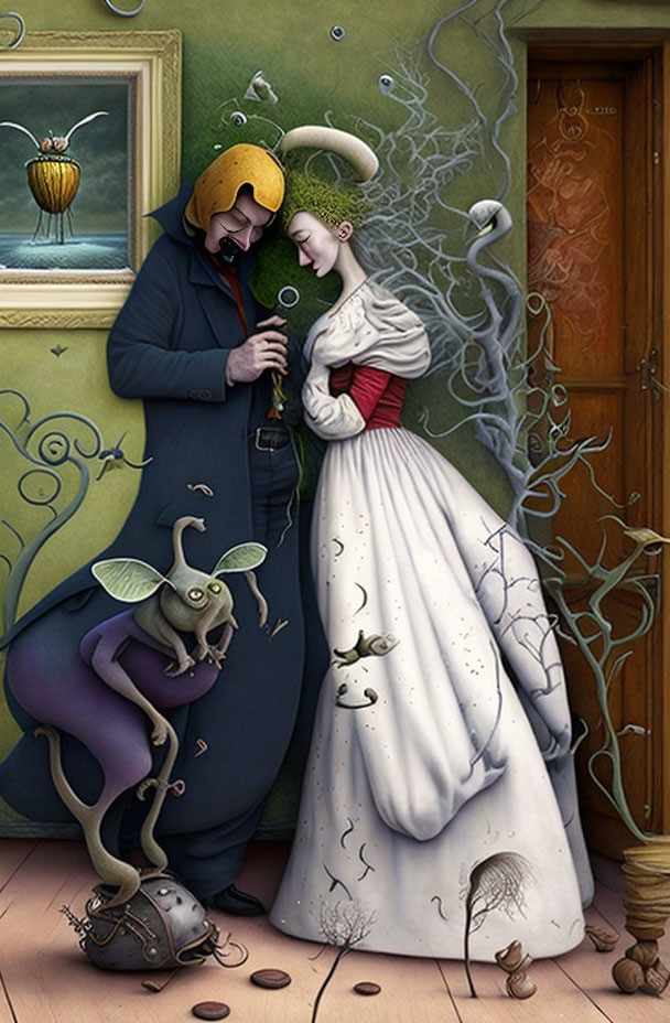 Surreal Artwork: Vintage Couple, Distorted Features, Creatures, Whimsical Elements