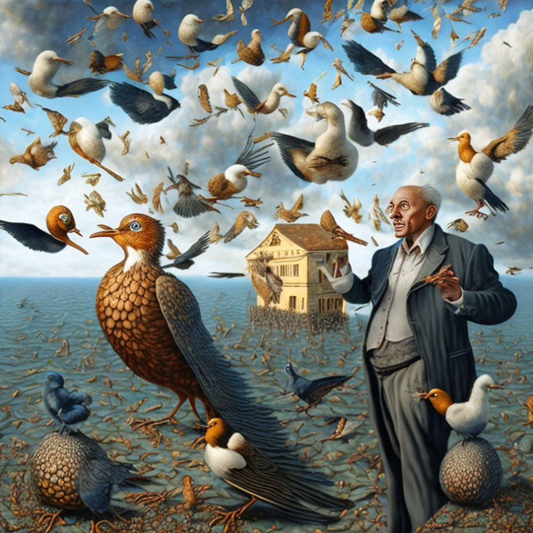 Man and human-faced birds in surreal flight against cloudy sky