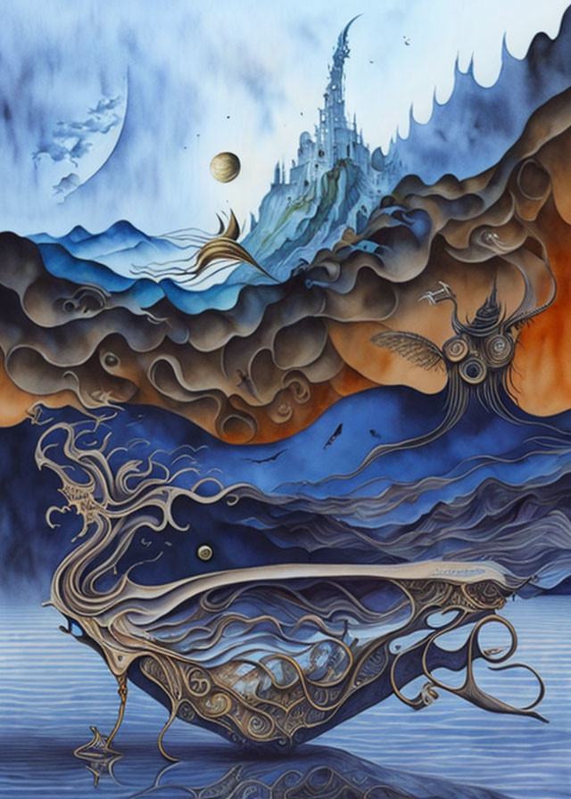 Fantastical floating structure above turbulent waves, ship, and castle under crescent moon