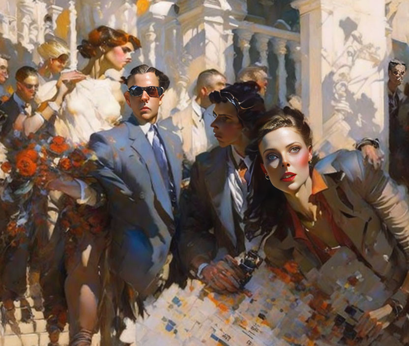 Modern individuals in sunglasses merged into classical painting of elegant crowd.