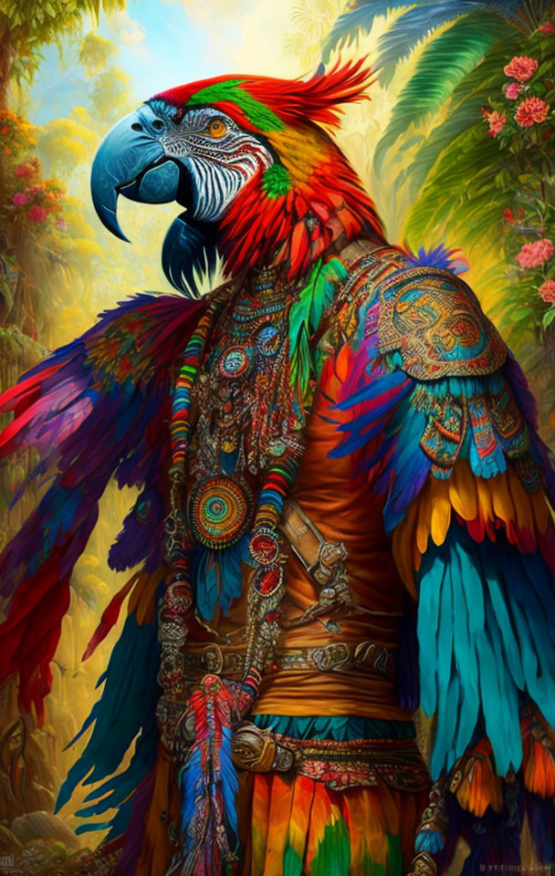 Digital artwork: Humanoid figure with macaw parrot head in vibrant attire, jungle backdrop