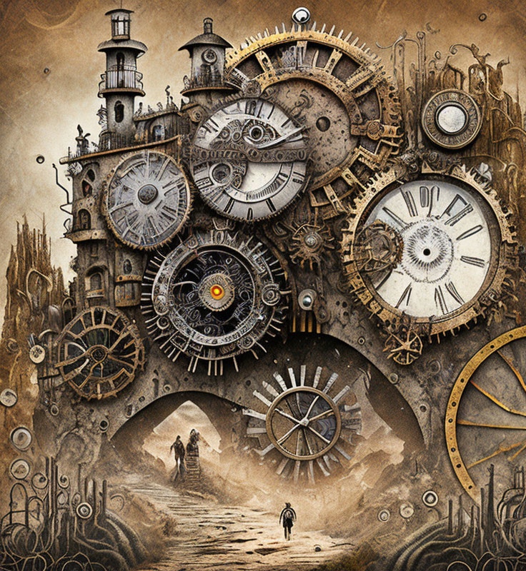 Steampunk landscape with interlocking gears and figures under sepia sky