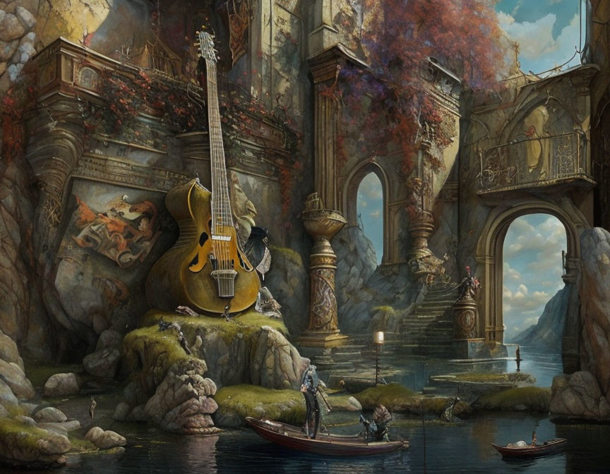 Surreal giant guitar beside ancient ruins and boat in autumnal landscape