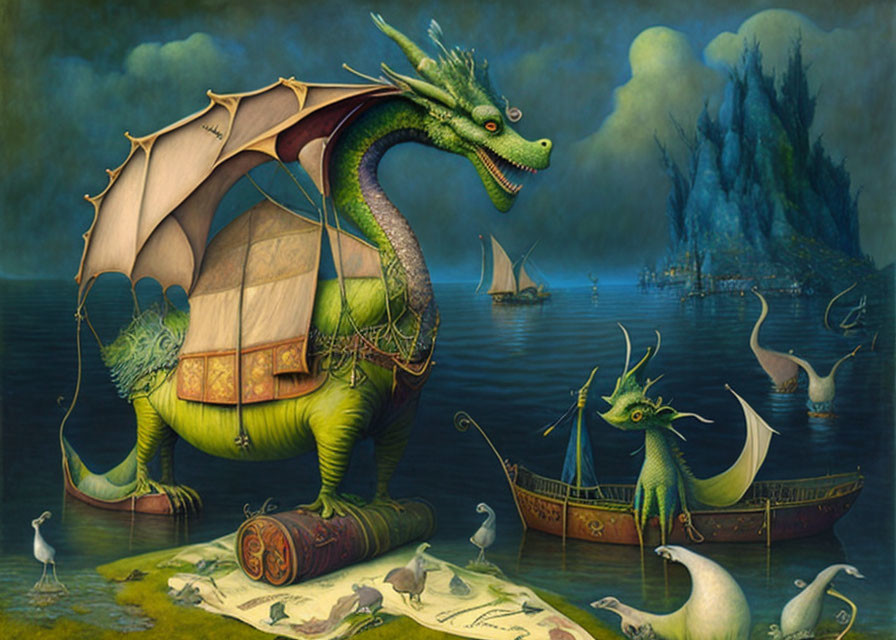 Whimsical painting of two anthropomorphic dragons by the sea