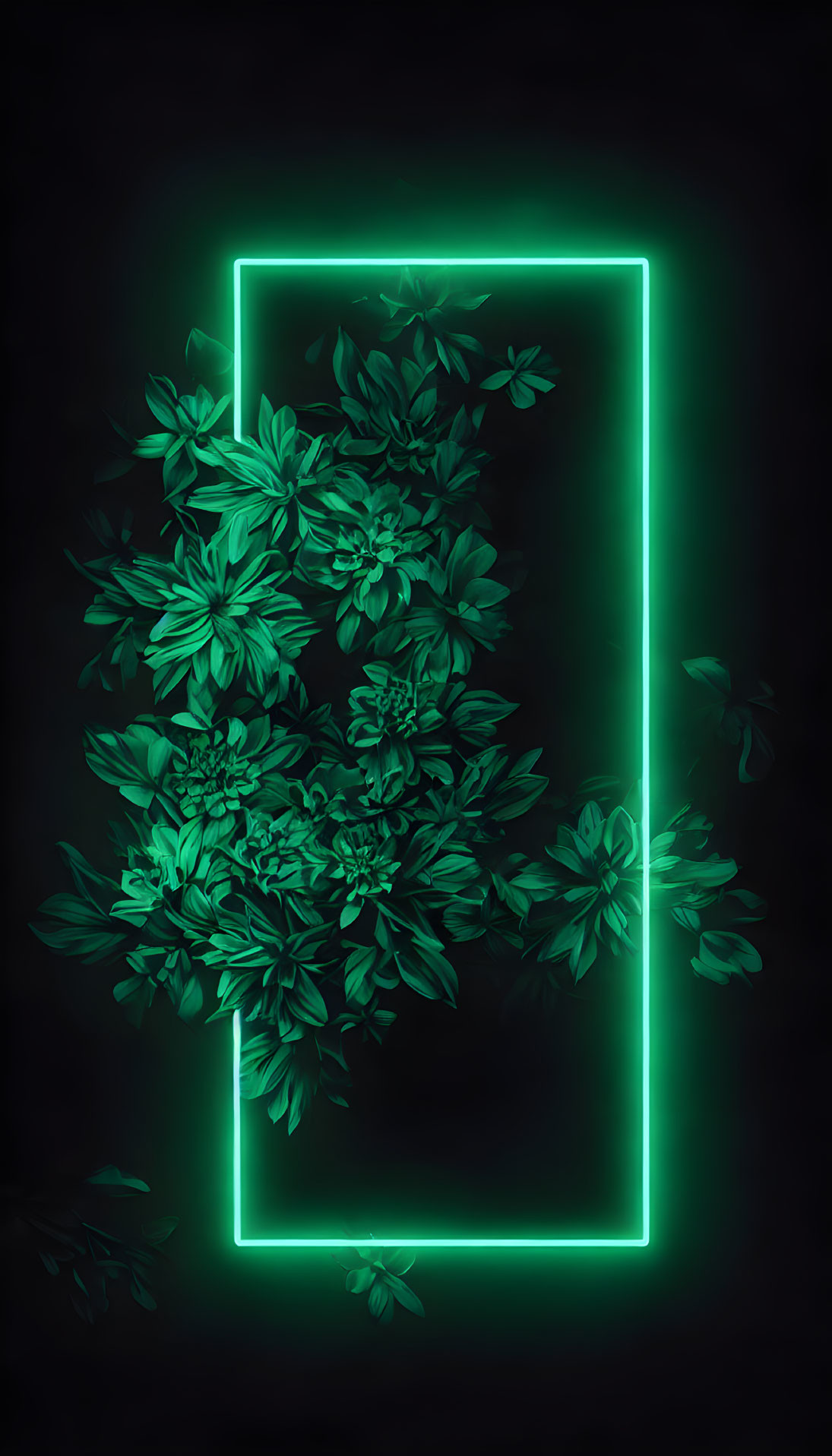 Vibrant neon green rectangle with dark floral patterns on black background