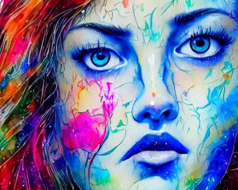 Colorful watercolor portrait of a woman with blue eyes and rainbow splashes.