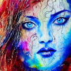 Colorful watercolor portrait of a woman with blue eyes and rainbow splashes.