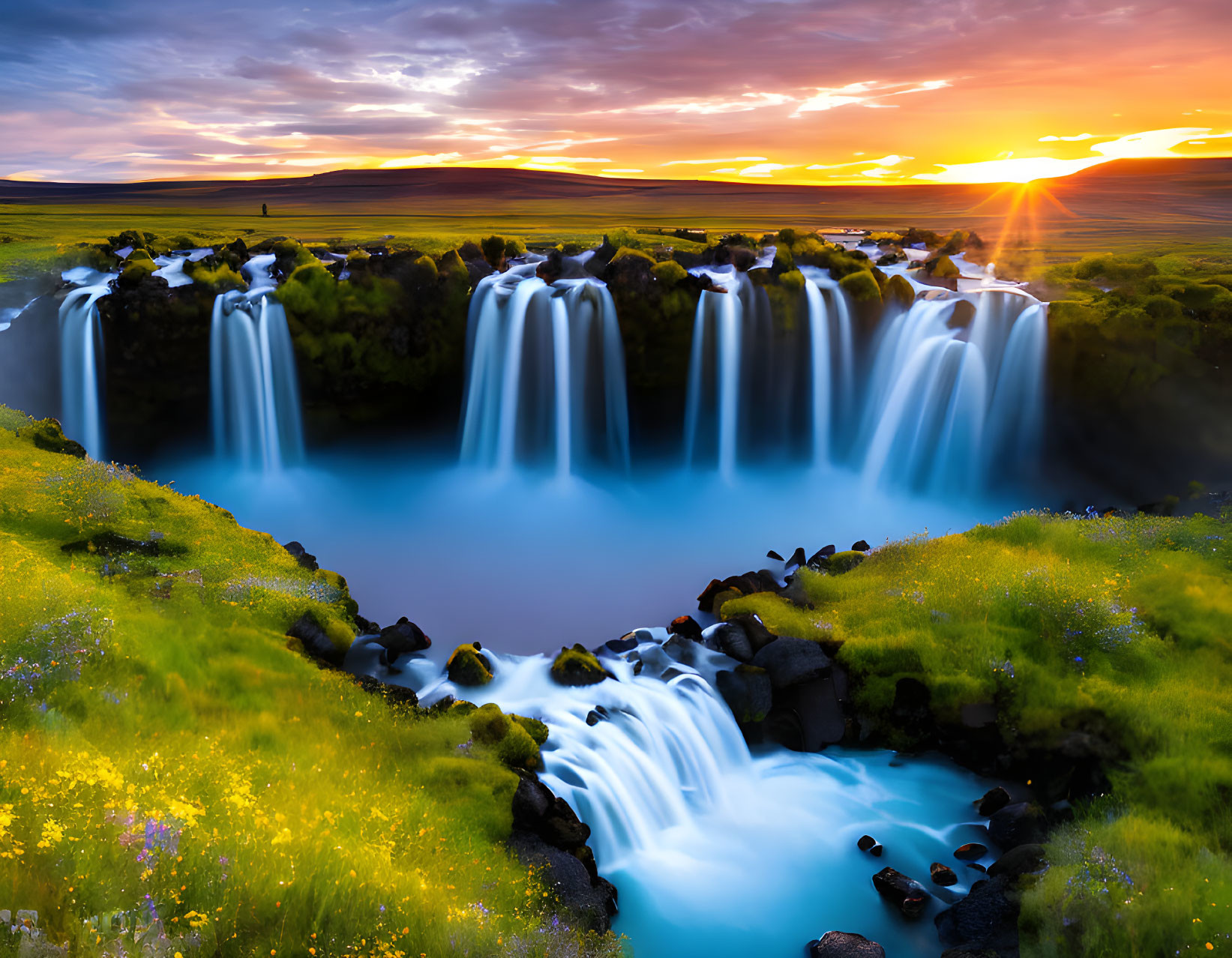 Scenic waterfall at sunset with lush greenery & wildflowers