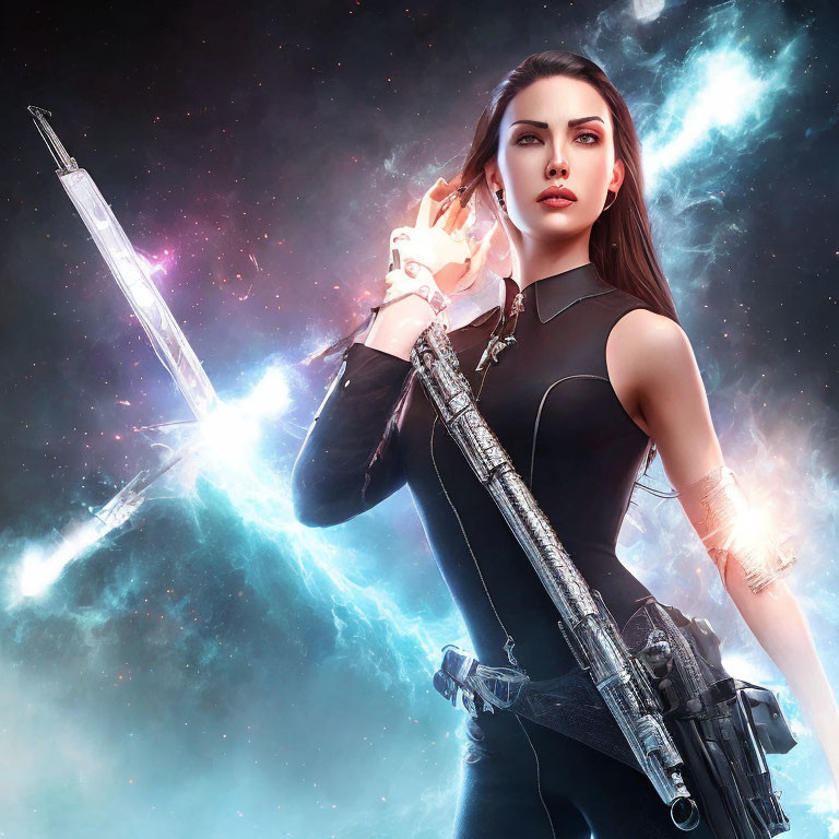 Dark-haired woman with futuristic weapon in cosmic setting