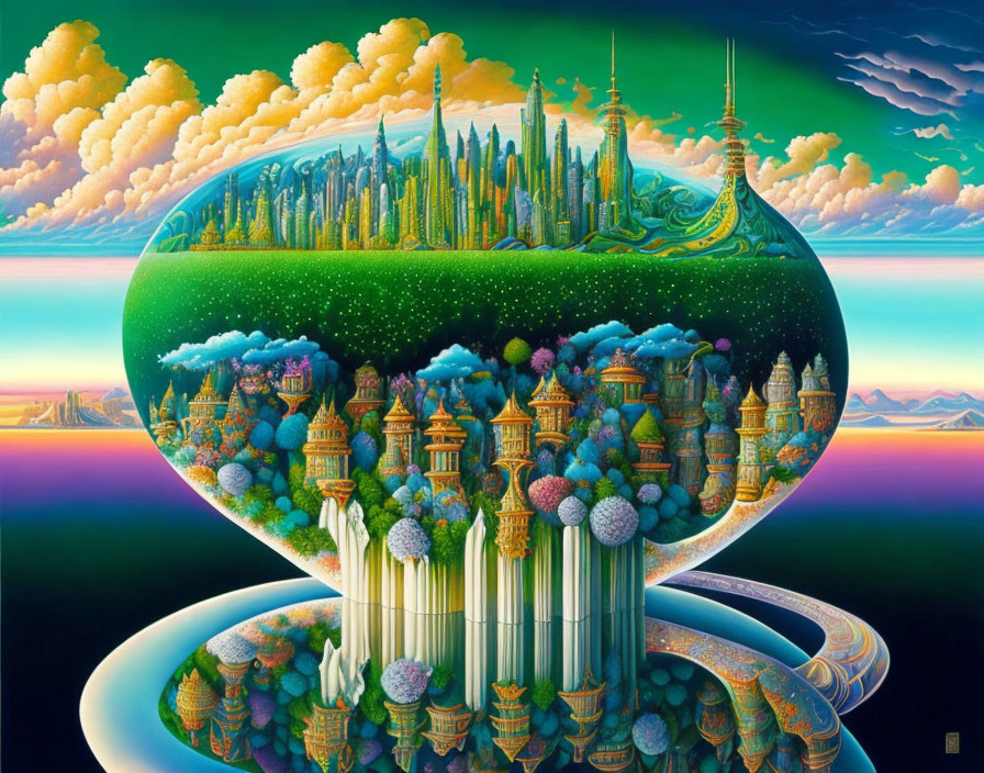 Fantastical landscape with domed city on floating island, ornate towers, lush greenery,