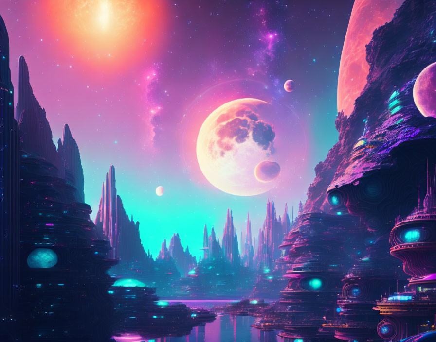 Alien landscape with multiple moons, nebulae, and alien architecture by a purple lake