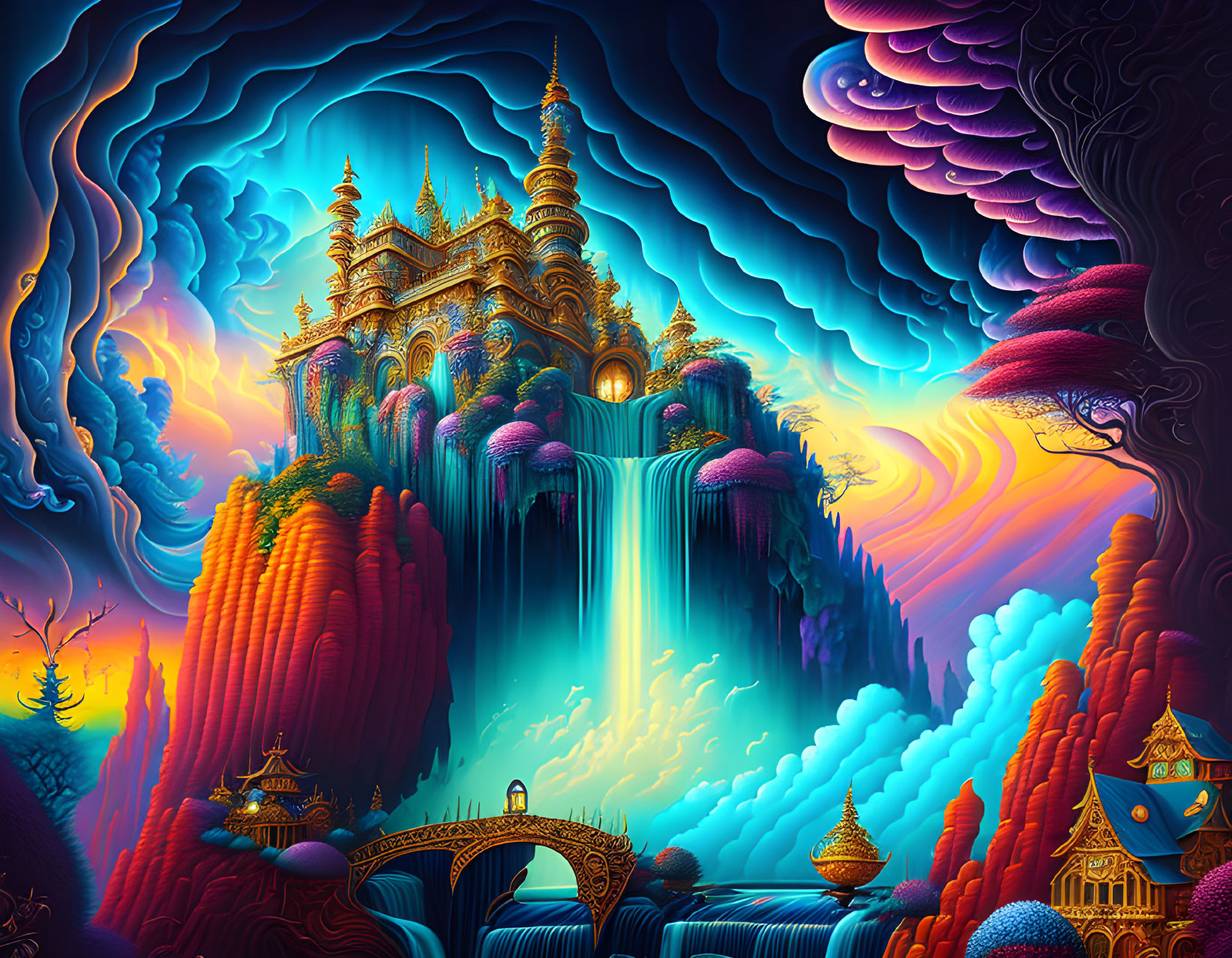 Majestic golden castle in vibrant fantasy landscape