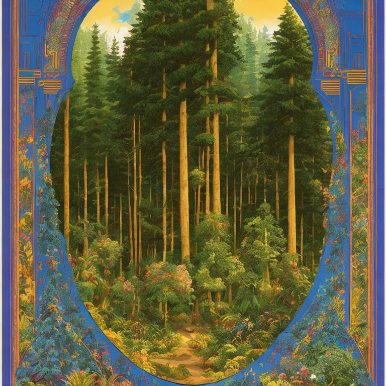 Detailed forest scene in ornate arch border