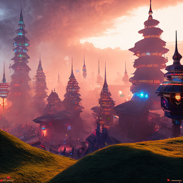 Futuristic cityscape with pagoda-style towers and neon signs at sunset