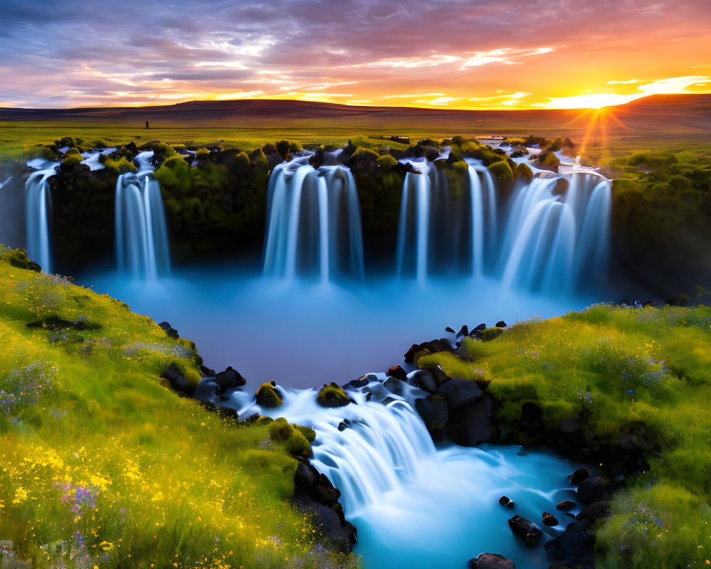 Scenic waterfall at sunset with lush greenery & wildflowers