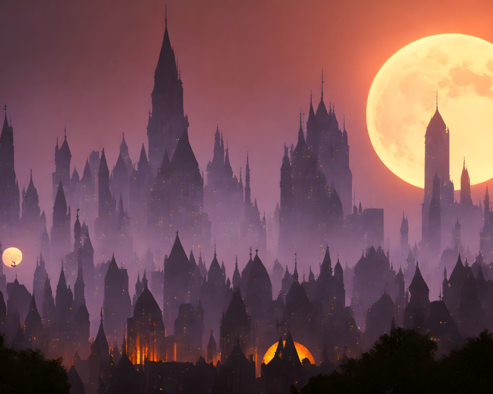 Gothic spires silhouette against orange moon in fantasy cityscape