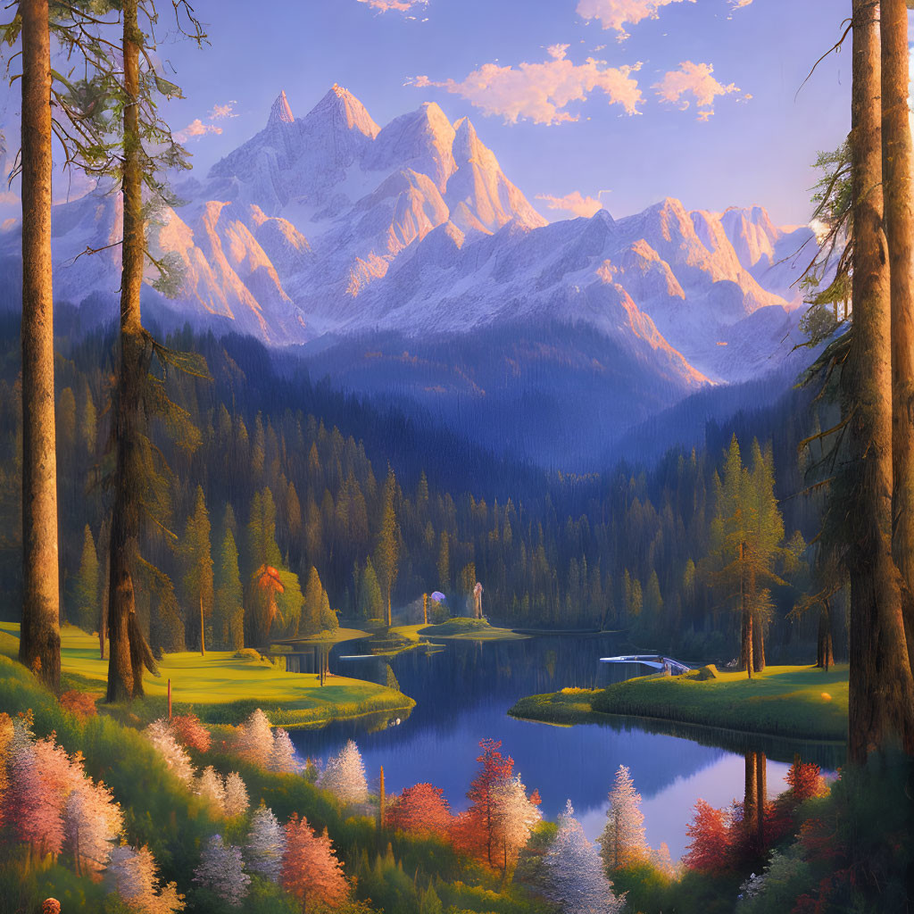 Snowy mountain peaks, serene lake, lush forests, blooming flowers, and boat at sunset.