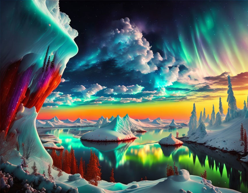 Spectacular Aurora Borealis Over Snowy Mountain Landscape