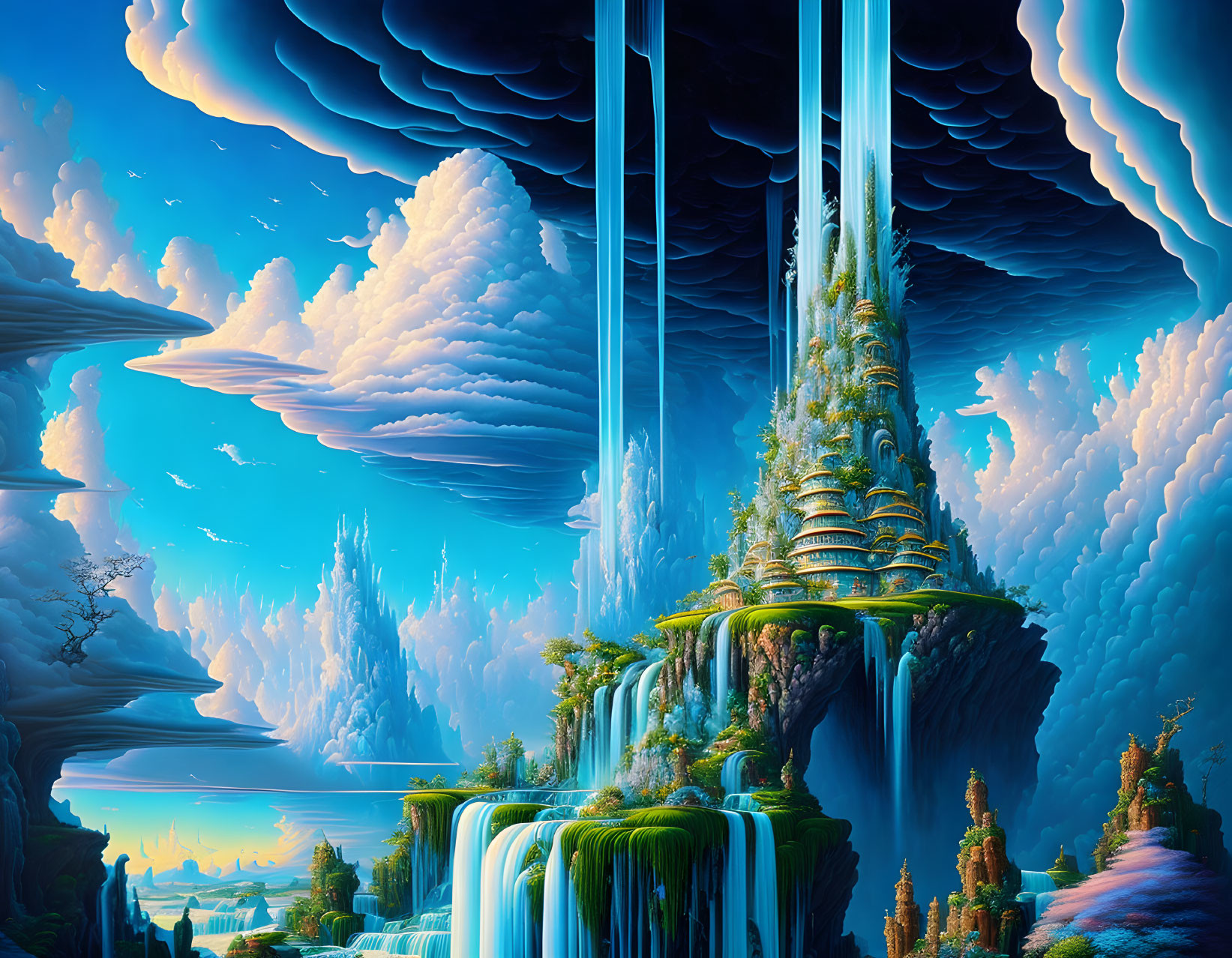 Fantasy landscape with waterfalls, rock formations, and mystical palace