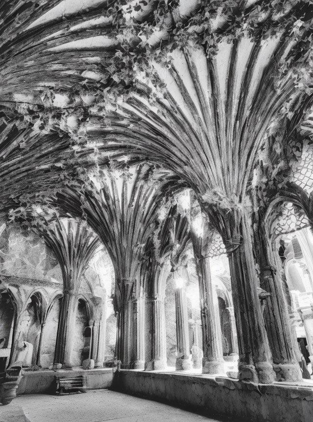 Intricate Gothic cloister with vaulted ceilings and ornate columns