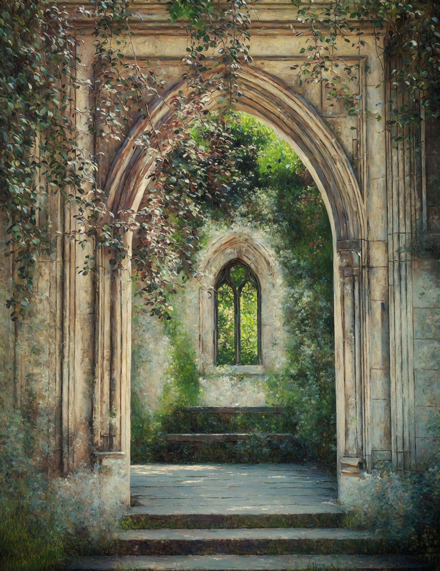 Ancient Stone Archway Leading to Leaf-Framed Window