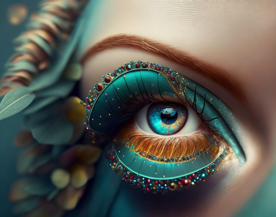 Detailed Close-Up of Teal and Golden Eye Makeup Illustration