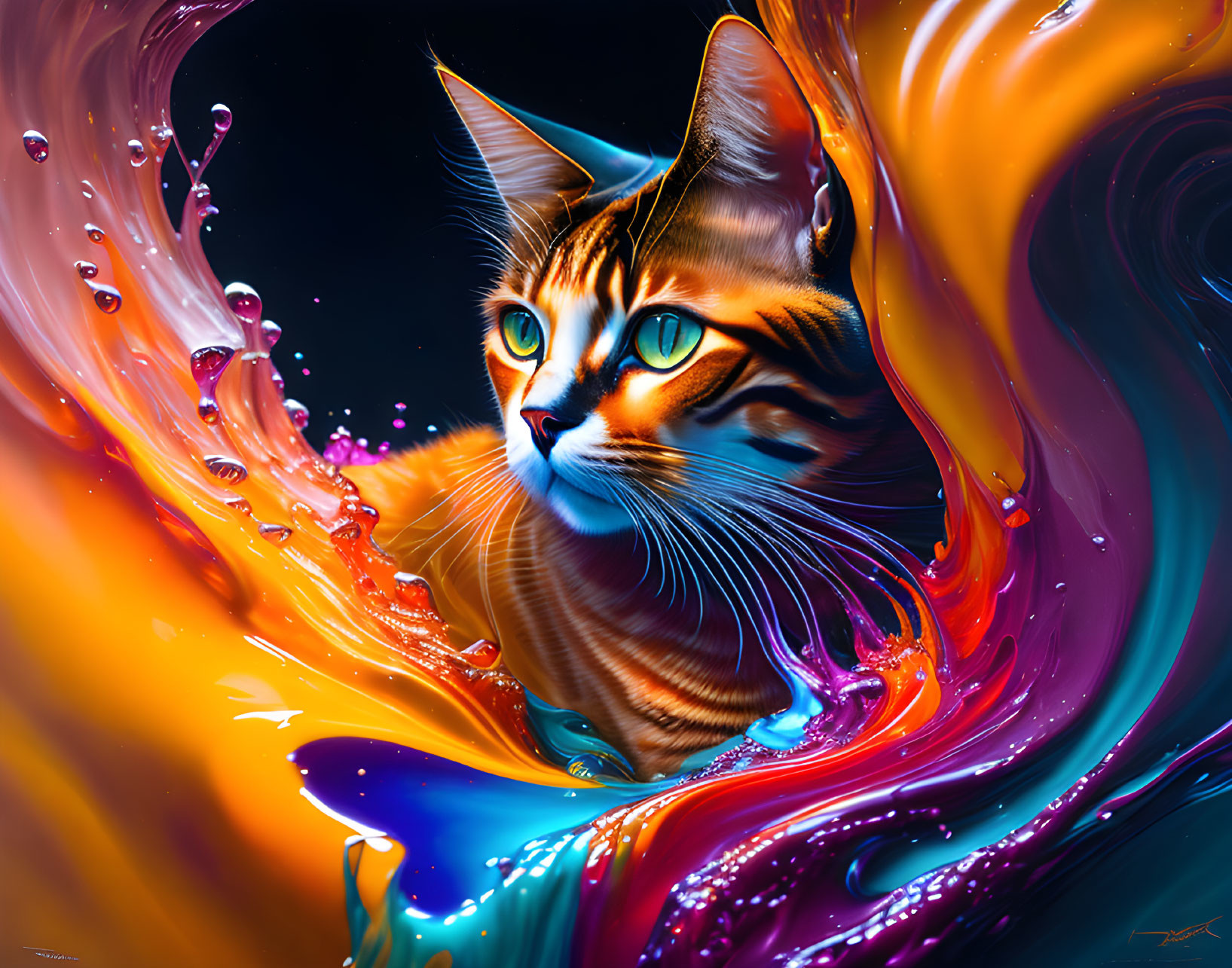 Colorful Digital Artwork: Cat with Blue Eyes in Psychedelic Liquid Swirls