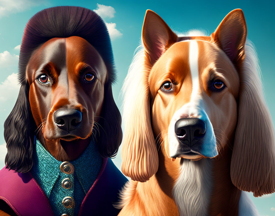 Regal Dogs in Noble Attire on Sky-Blue Background