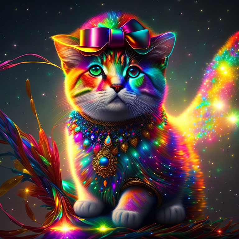 Colorful Cat Artwork with Sparkly Accessories on Cosmic Background